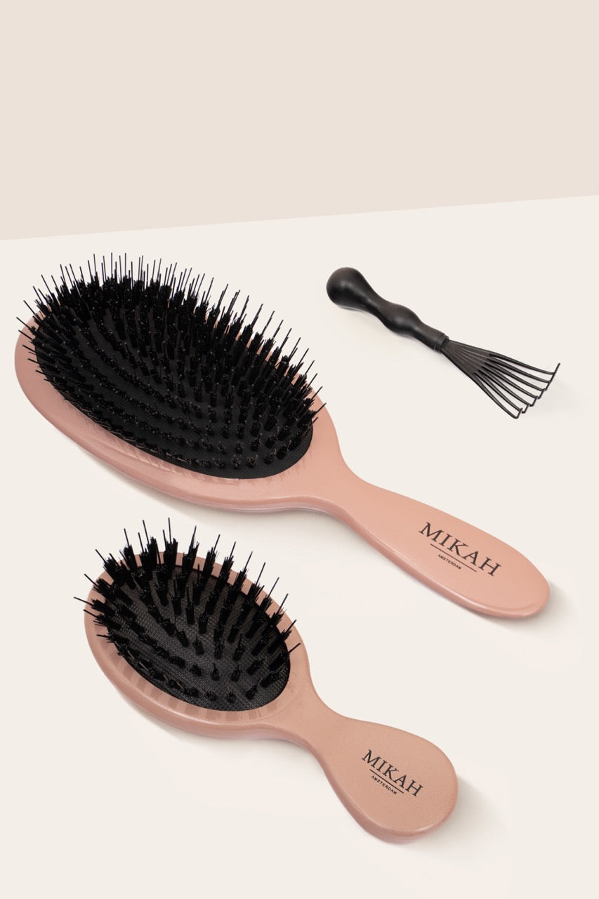 Mini Hairbrush next to Paddle Nylon Brush and Hairbrush Cleaner