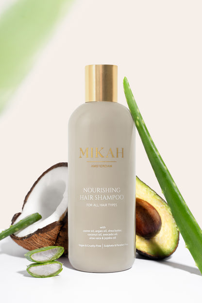 MIKAH Nourishing Hair Shampoo displayed with botanical ingredients