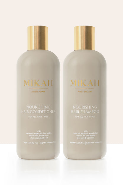 Two MIKAH Nourishing Haircare bottles on a neutral background